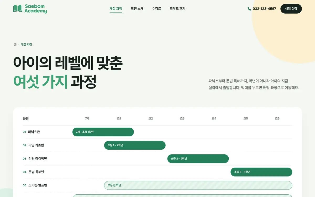 새봄아카데미 개설 과정 페이지 첫 화면